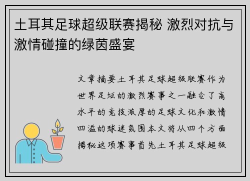 土耳其足球超级联赛揭秘 激烈对抗与激情碰撞的绿茵盛宴